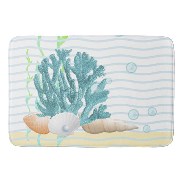 Tapis De Bain Corail bleu, coquillages et perle bleue (Devant)