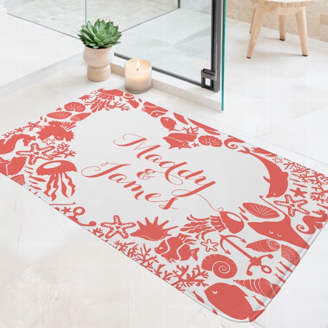 Tapis De Bain Corail & Créatures Marines Blanches Couple Monogra (Créateur téléchargé)