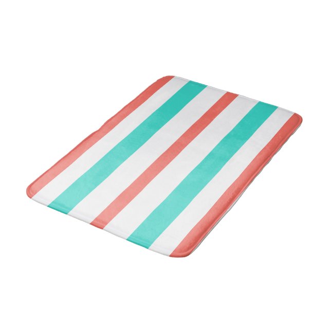Tapis De Bain Corail Turquoise Blanc Rayures d'Été (Angle)