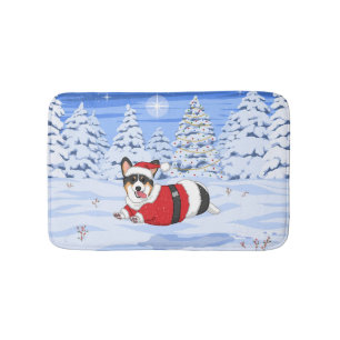 Tapis De Bain Corgi noir mignon en costume Père Noël de Noël