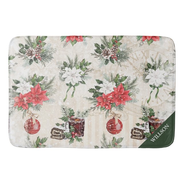 Tapis De Bain Coton poinsettia rouge et blanc de Noël classique (Devant)