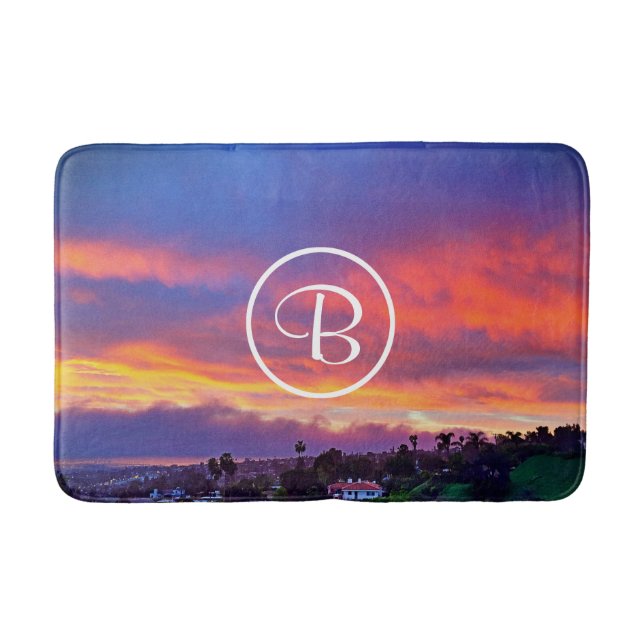Tapis De Bain Coucher de soleil bleu rose personnalisé monogramm (Devant)