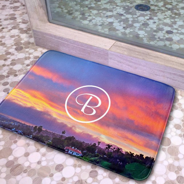 Tapis De Bain Coucher de soleil bleu rose personnalisé monogramm (Créateur téléchargé)