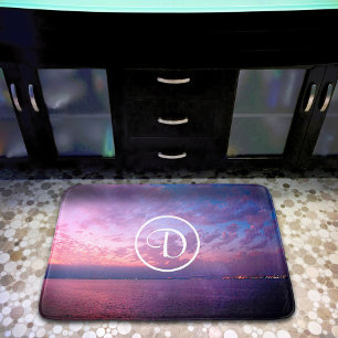 Tapis De Bain Coucher de soleil rose violet océan photo monogram