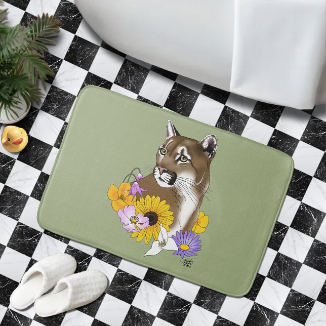 Tapis De Bain Cougar Mountain Lion Puma Fleurs (Créateur téléchargé)