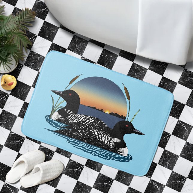 Tapis De Bain Couple de huards Sunset Blue Lac Faune (Créateur téléchargé)