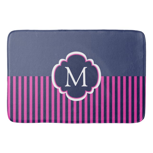 Tapis De Bain Coussin de monogramme de rayures de rose de bleu (Devant)