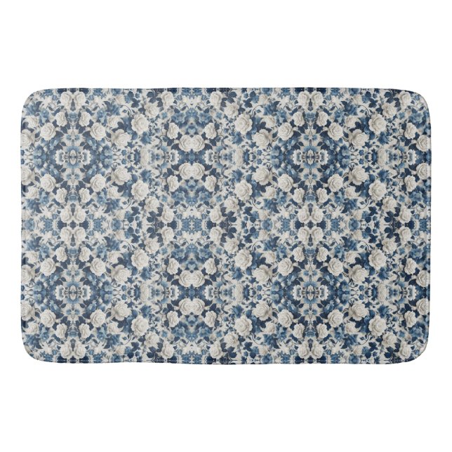 Tapis De Bain Couverture à motif damassé floral bleu (Devant)
