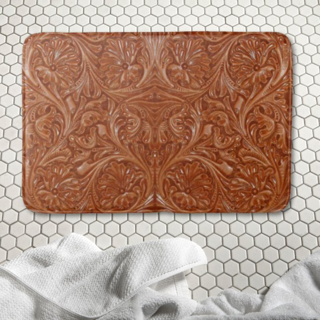 Tapis De Bain cowboy western country motif à outils cuir (cowboy western country pattern tooled leather bath mat)