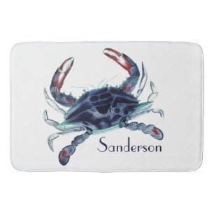 Tapis De Bain Crabe Nautique Marine Bleu et Blanc Bain Mat