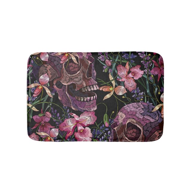 Tapis De Bain Crâne brodé : Motif gothique de l'orchidée (Devant)