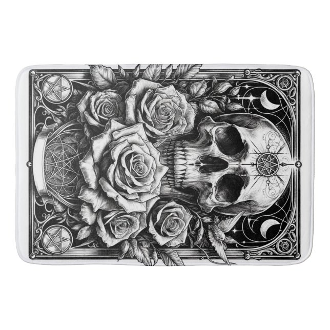 Tapis De Bain Crâne de squelette pentacle et roses Art de tarot (Devant)