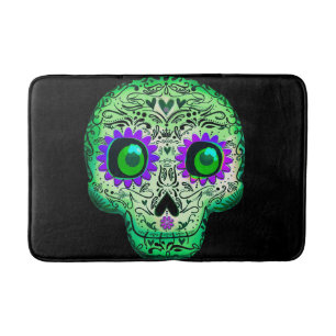 Tapis De Bain Crâne de sucre noir avec illumination verte et vio