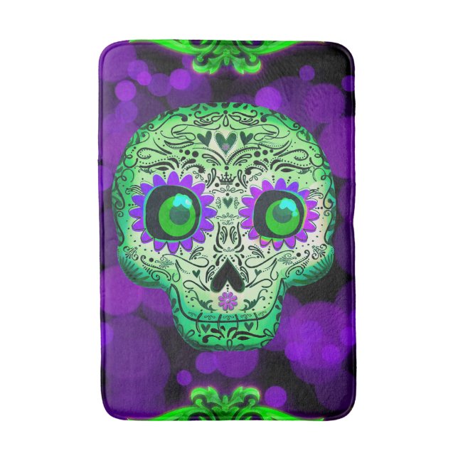 Tapis De Bain Crâne de sucre vert et pourpre brillant Halloween (Devant (Vertical))