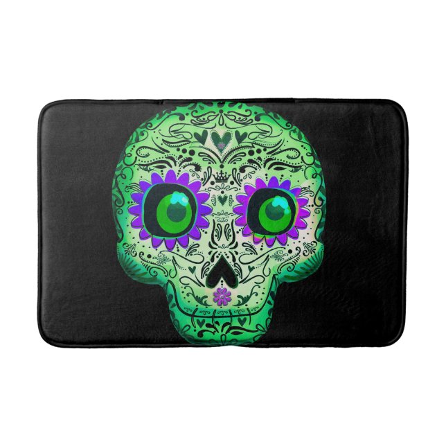 Tapis De Bain Crâne de sucre vert et violet brillant Halloween n (Devant)