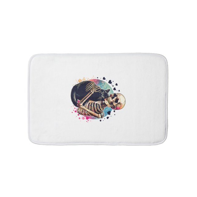 Tapis De Bain Crâne drôle de squelette câlinant un chat aquarell (Devant)