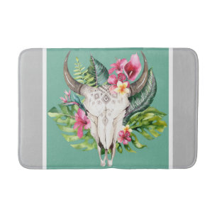 Tapis De Bain Crâne floral boho sarcelle et gris chic Glam moder