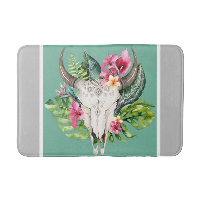 Tapis De Bain Crâne floral boho sarcelle et gris chic Glam moder (Devant)