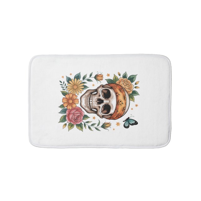 Tapis De Bain Crâne Floral Halloween Effrayant (Devant)