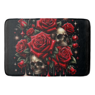 Tapis De Bain Crânes dorés et roses rouges scintillent de glamou