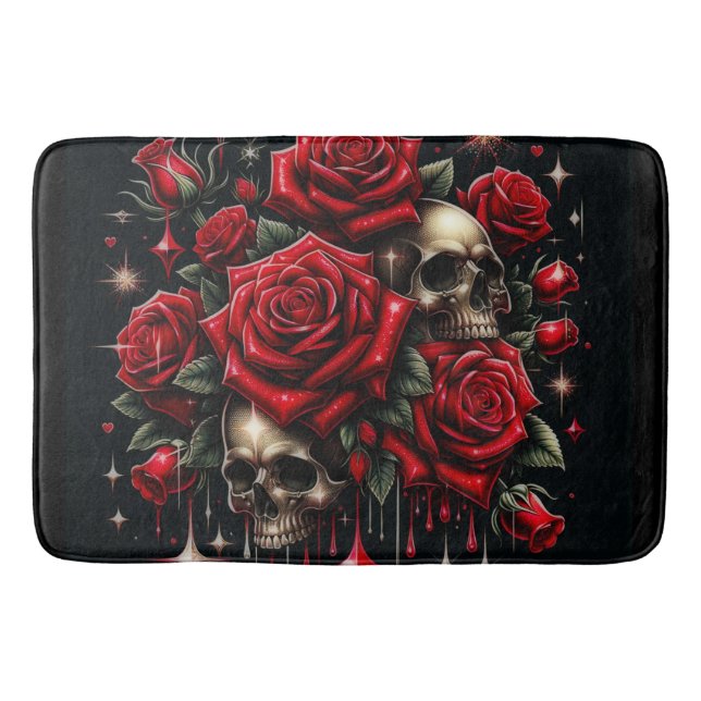 Tapis De Bain Crânes dorés et roses rouges scintillent de glamou (Devant)