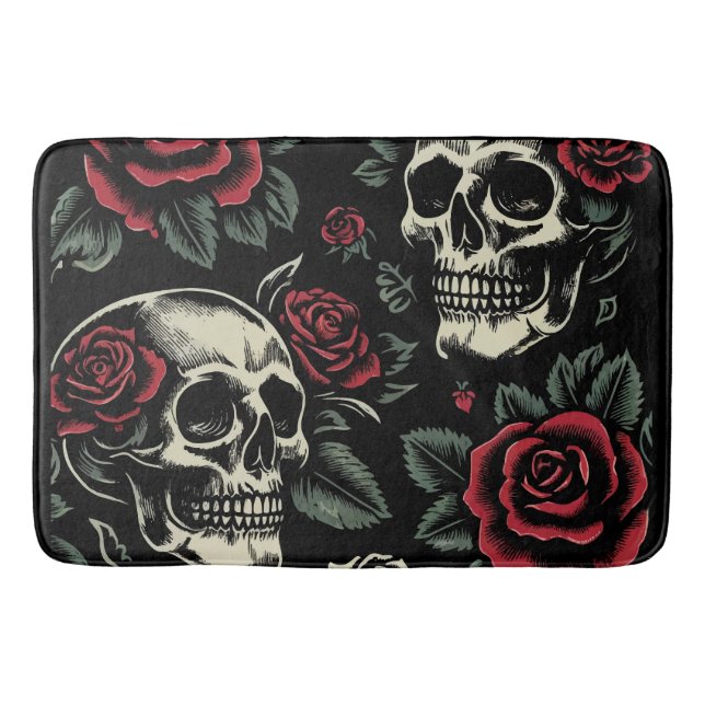 Tapis De Bain Crânes & Roses Rouges Floral Gothique  (Devant)