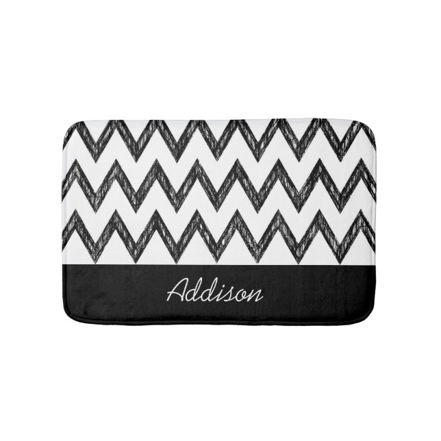 Tapis De Bain Crayon à la mode Noir et Blanc Chevron avec nom (Devant)