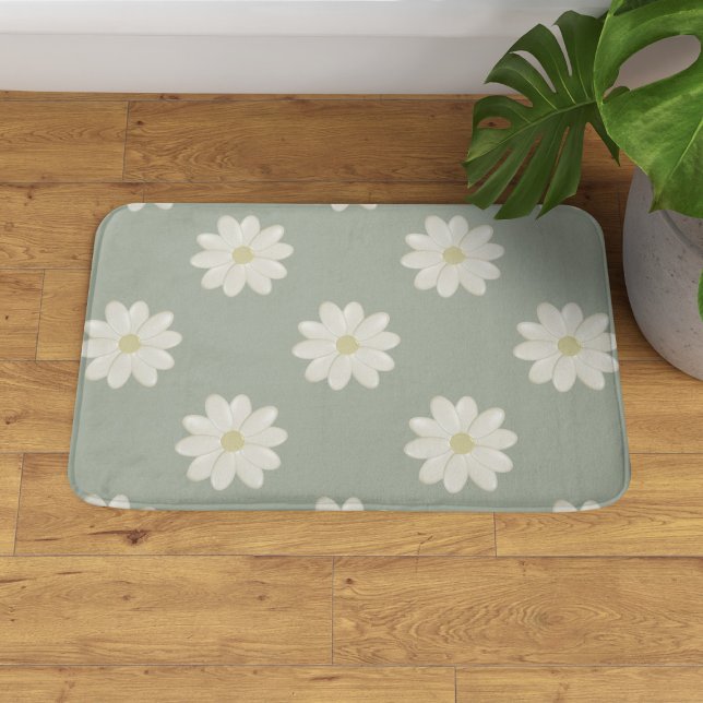 Tapis De Bain Cream Daisy Sage Vert Moderne Floral Bain Mat (A pretty sage and cream daisy bath mat.)