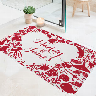 Tapis De Bain Créatures de mer rouges et blanches Couples Monogr
