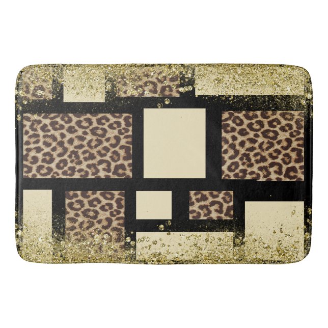 Tapis De Bain Crème Bloc de Couleur Ivoire Noir & Léopard Guépar (Devant)