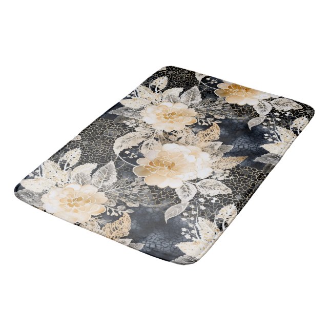 Tapis De Bain Crème noire sauvage Léopard Animal Floral (Angle)