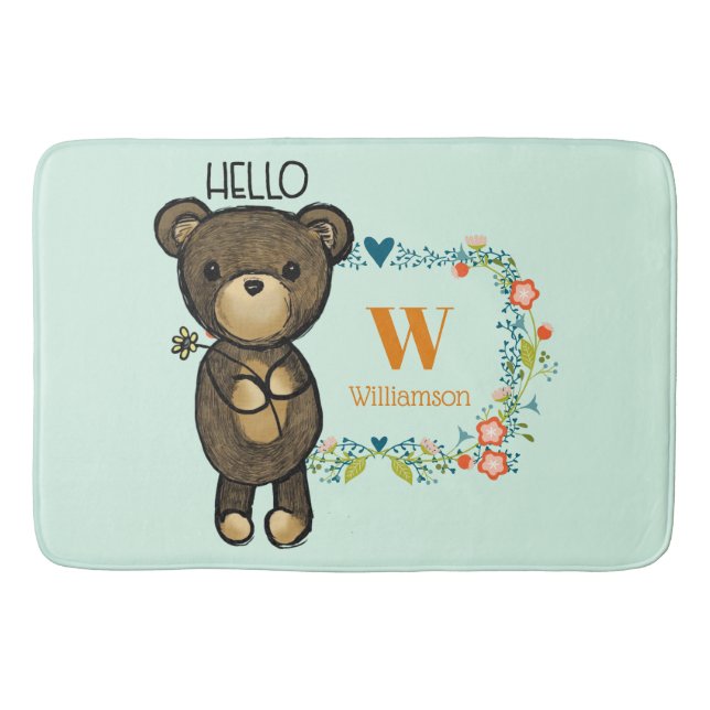 Tapis De Bain Cute Bear, Yellow Flower & Floral Wreath Monogram (Devant)