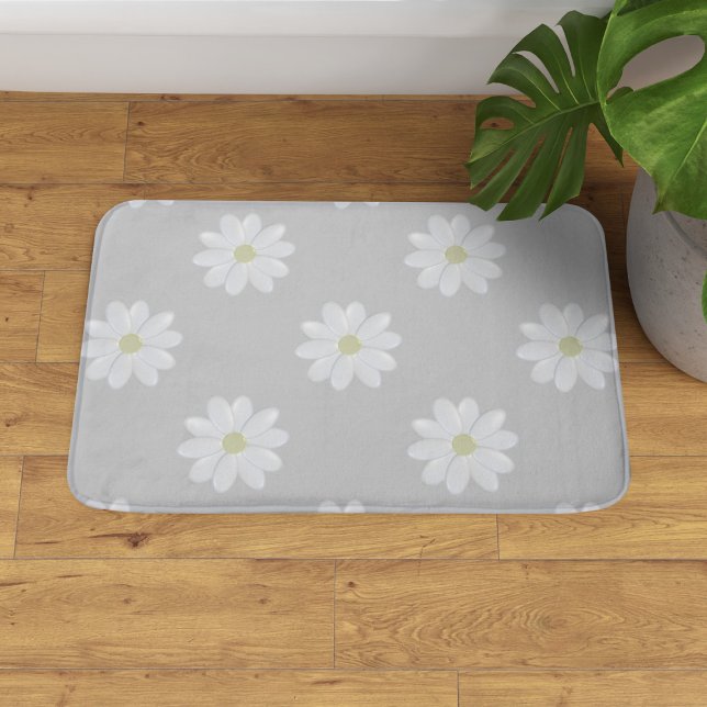 Tapis De Bain Cute Blanc Fleur Motif Gris Bain Mat (A soft gray bath mat with a cute white daisy pattern. )