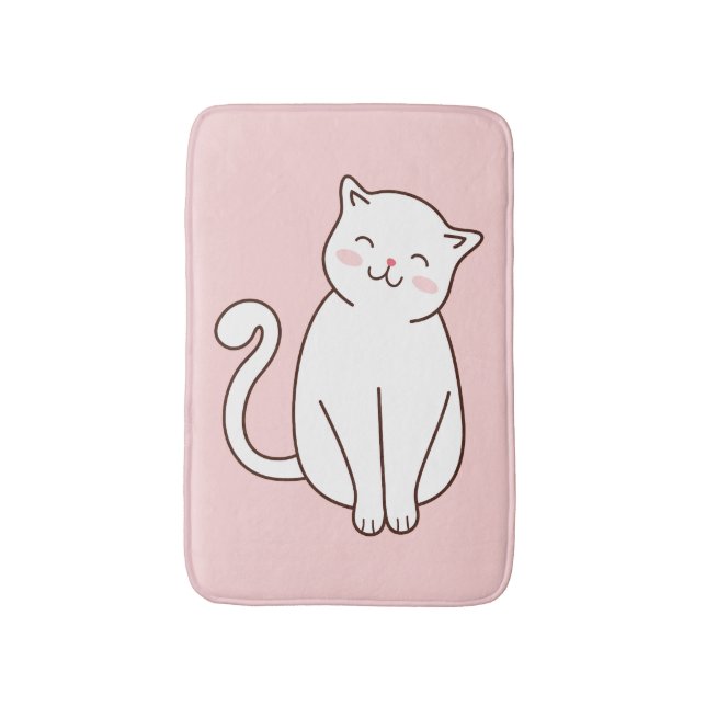 Tapis De Bain Cute Blanc Kawaii Chat Souriant Rose (Devant (Vertical))