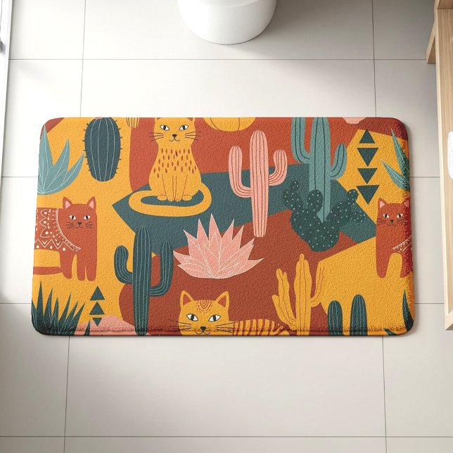 Tapis De Bain Cute Boho Desert Cats Cactus Succulent Pattern (Créateur téléchargé)