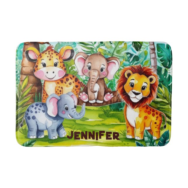 Tapis De Bain Cute Kids Safari Jungle Animaux Nom Personnalisé (Devant)
