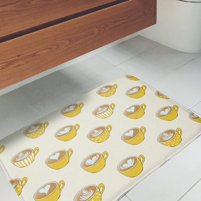 Tapis De Bain Cute Latte Art en Motif de tasses de café jaune (Yellow Latte Art Bath Mat)