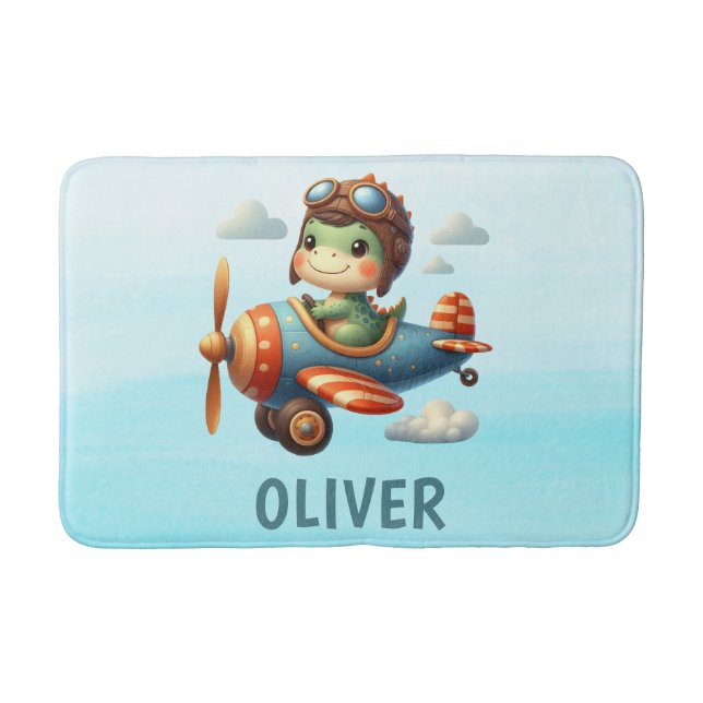 Tapis De Bain Cute Pilote Trex Dinosaur Voler un avion bleu (Devant)