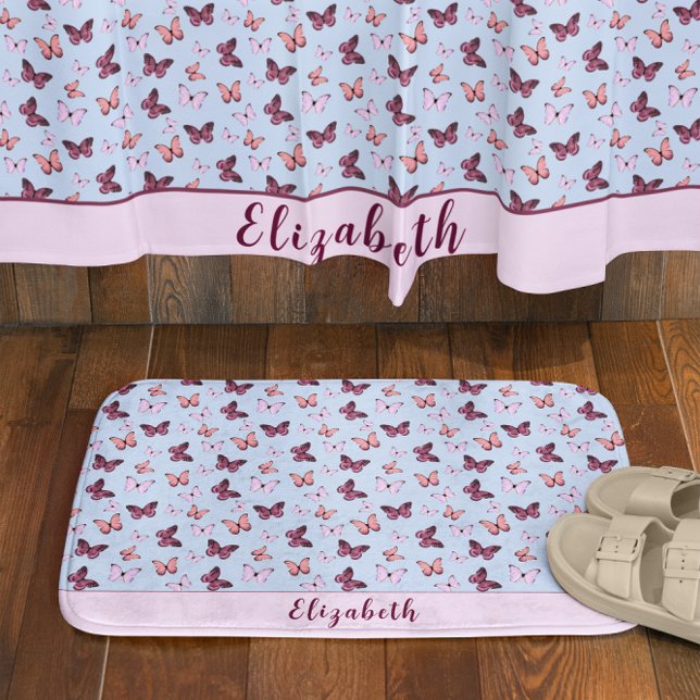 Tapis De Bain Cute rose et bleu papillon Nom personnalisé Fille (Créateur téléchargé)