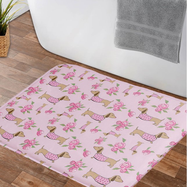 Tapis De Bain Dachshund Bain Mat Doxie + Peonies Rug Floral (Pink floral dachshund bathroom accessories - peonies and wiener dogs)
