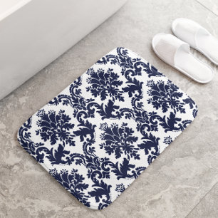 Tapis De Bain Damas florale bleu sur arrière - plan blanc