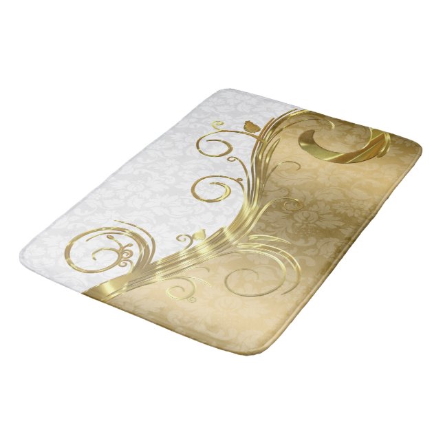 Tapis De Bain Damas Or Et Balayage Et Damas Blanc (Angle)