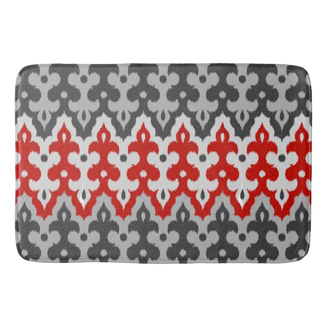 Tapis De Bain Damassé Ikat marocain, gris graphite et rouge (Devant)
