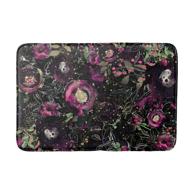 Tapis De Bain Dark Moody Berry Plum Étincelle Florale Moderne (Devant)