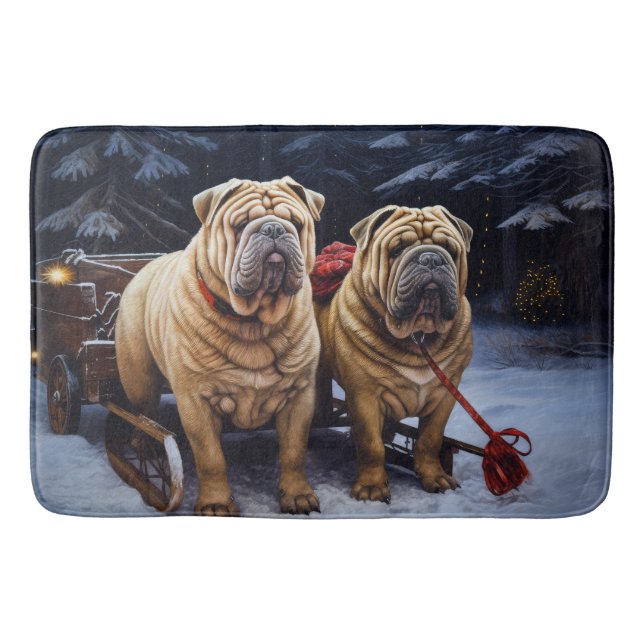 Tapis De Bain Décor de Noël Shar Pei Snowy Sleigh (Devant)