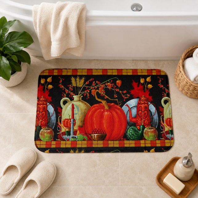 Tapis De Bain Décoration de peinture ancienne festive d'automne  (Autumn Festive Antique Painting Pumpkin Decoration Bath Mat)