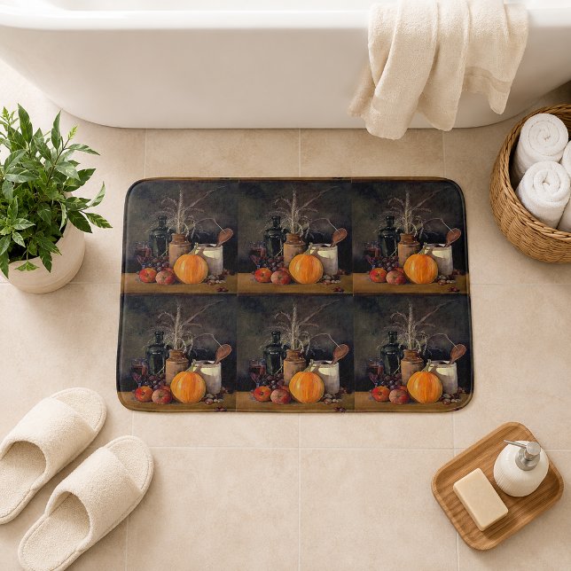 Tapis De Bain Décorations d'automne sur table, citrouille, fruit (Autumn Decorations on Table, Pumpkin, Fruit, Drink Bath Mat)