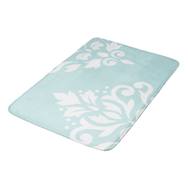 Tapis De Bain Défiler Damas Art I Blanc sur Canard Oeuf Bleu (Angle)