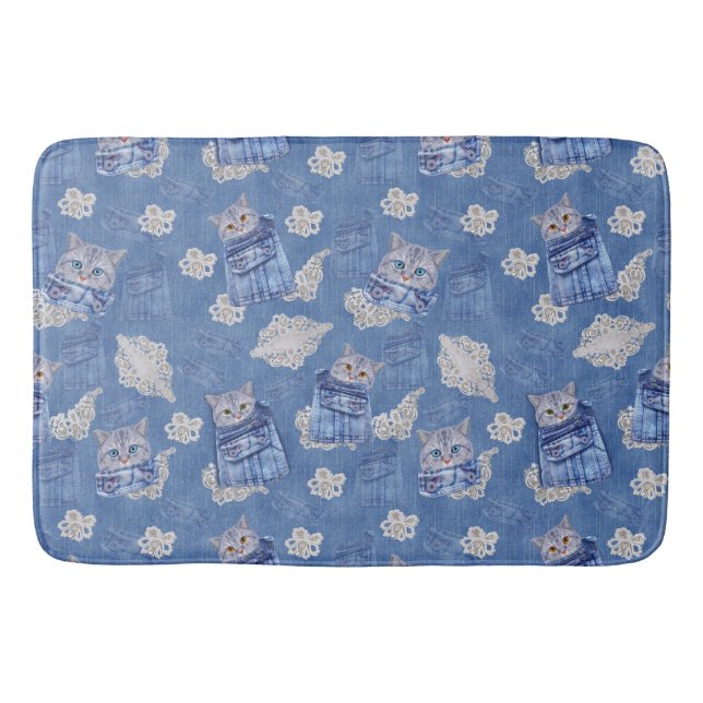 Tapis De Bain Denim Jean poches, chatons et dentelle Motif de ré (Devant)