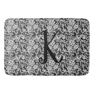 Tapis De Bain Dentelle blanche sur noir avec Monogramme
